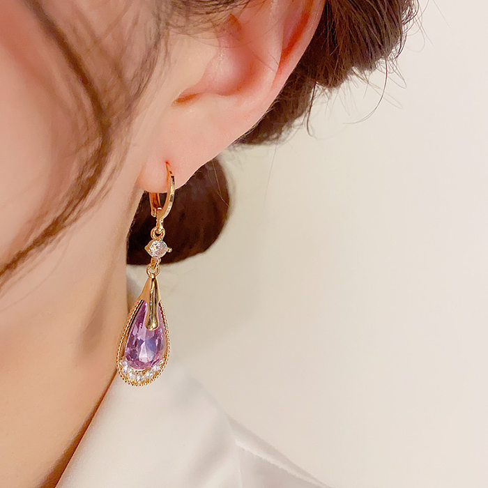 1 paire de boucles d'oreilles gouttelettes d'eau de Style coréen, incrustation de cuivre et de Zircon plaqué or
