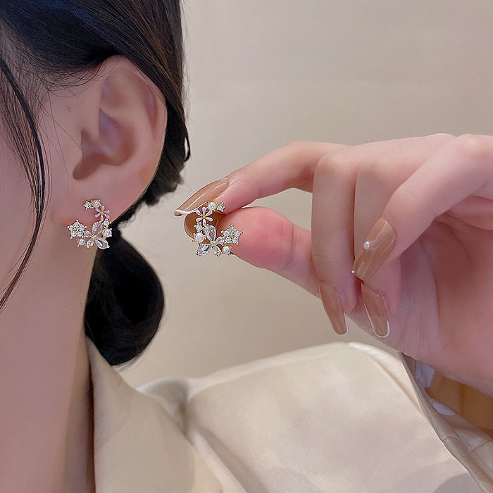 Clous d'oreilles en Zircon avec incrustation de cuivre et perles artificielles, 1 paire, fleur douce