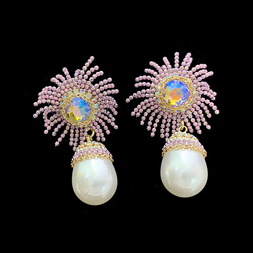 1 Pair Vintage Style Flower Inlay Imitation Pearl Copper Rhinestones Drop Earrings