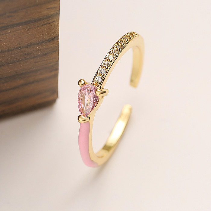 Simple Style Water Droplets Copper Enamel Plating Inlay Zircon 18K Gold Plated Open Ring