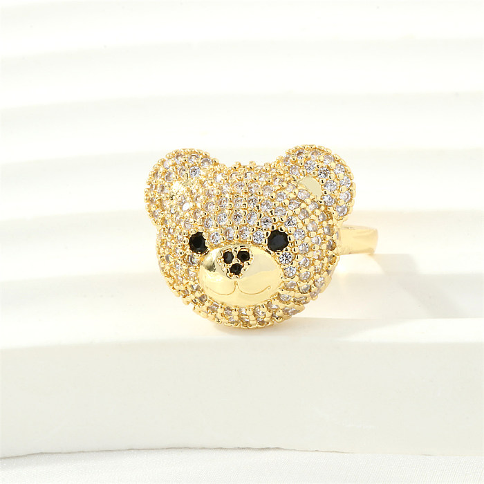 Anéis abertos folheados a ouro do zircão 18K do embutimento do chapeamento de cobre do urso do estilo simples bonito