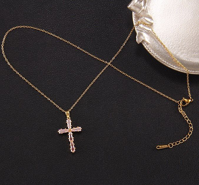 Elegant Lady Cross Copper Plating Inlay Zircon Pendant Necklace