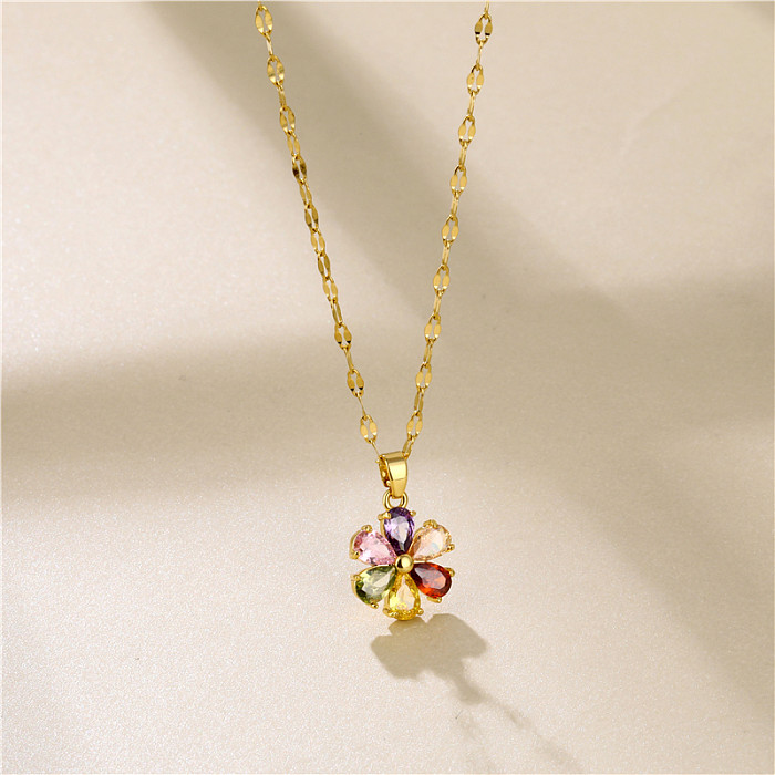 1 Piece Shiny Flower Stainless Steel Brass Plating Inlay Zircon Pendant Necklace