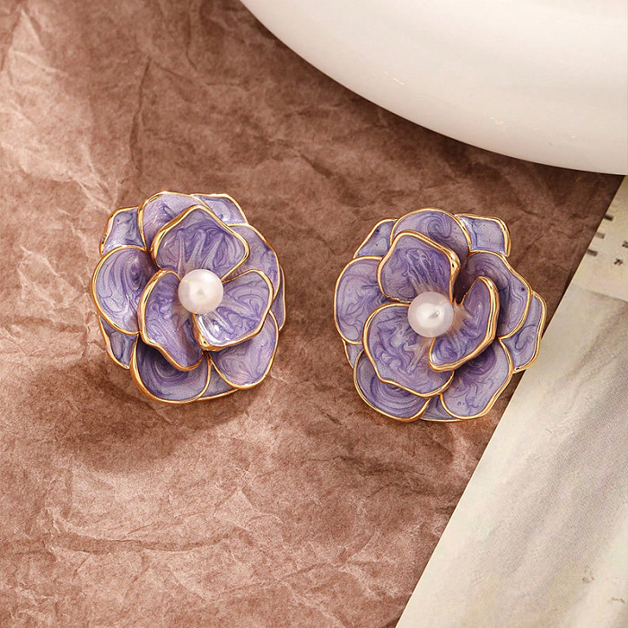 1 Pair Lady Commute Flower Enamel Inlay Copper Artificial Pearls Ear Studs