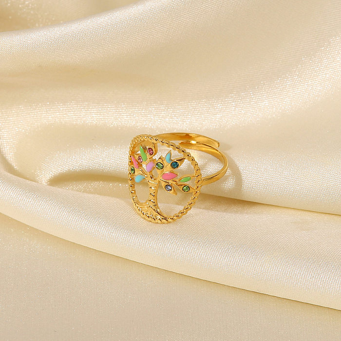 New Style 18K Gold Stainless Steel Oval Tree-Shaped Colorful Dripping Oil Ring
