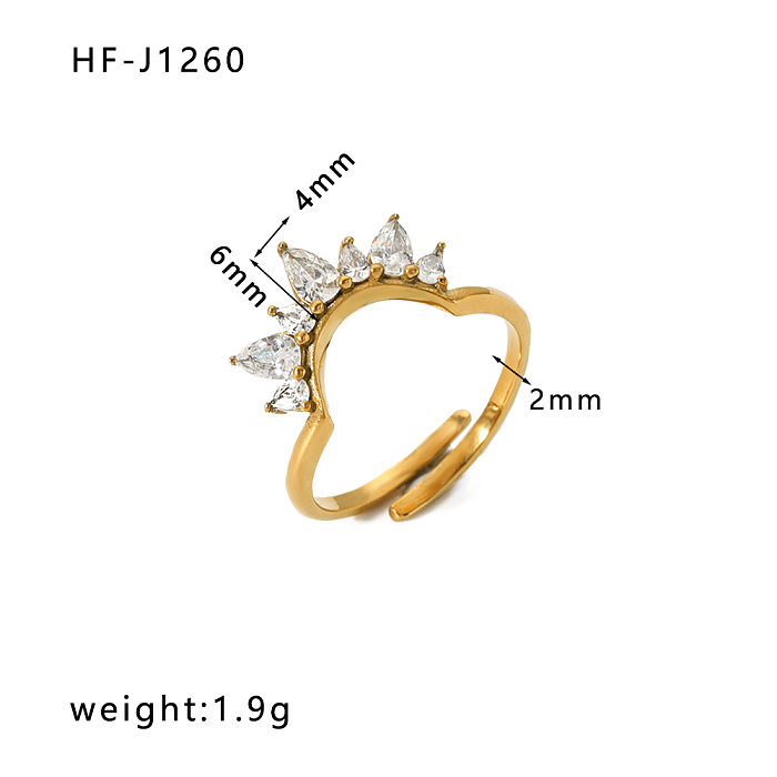 IG Style Crown Rhombus Rectangle Stainless Steel Criss Cross Plating Inlay Zircon 18K Gold Plated Rings