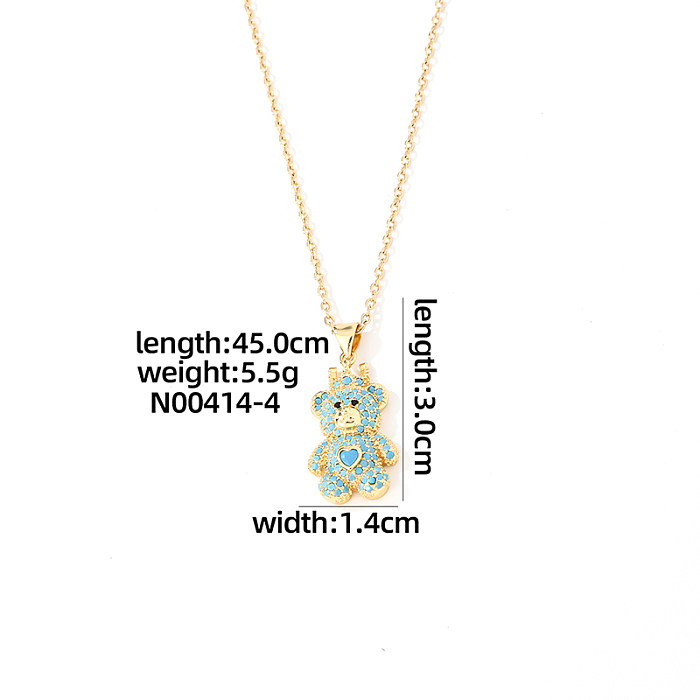 Cartoon Style Sweet Shiny Little Bear Copper Zircon Pendant Necklace In Bulk