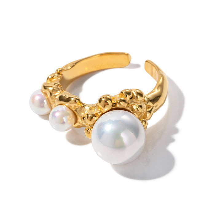 Simple Style Korean Style Irregular Stainless Steel Irregular Shell Pearls 18K Gold Plated Open Ring