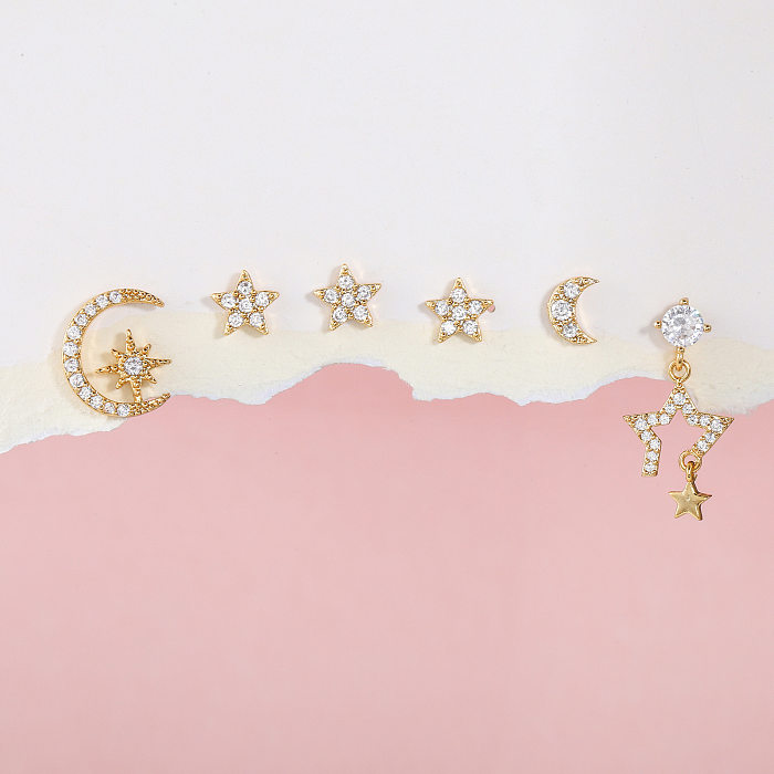 6 peças moda estrela lua cobre chapeamento zircão brincos