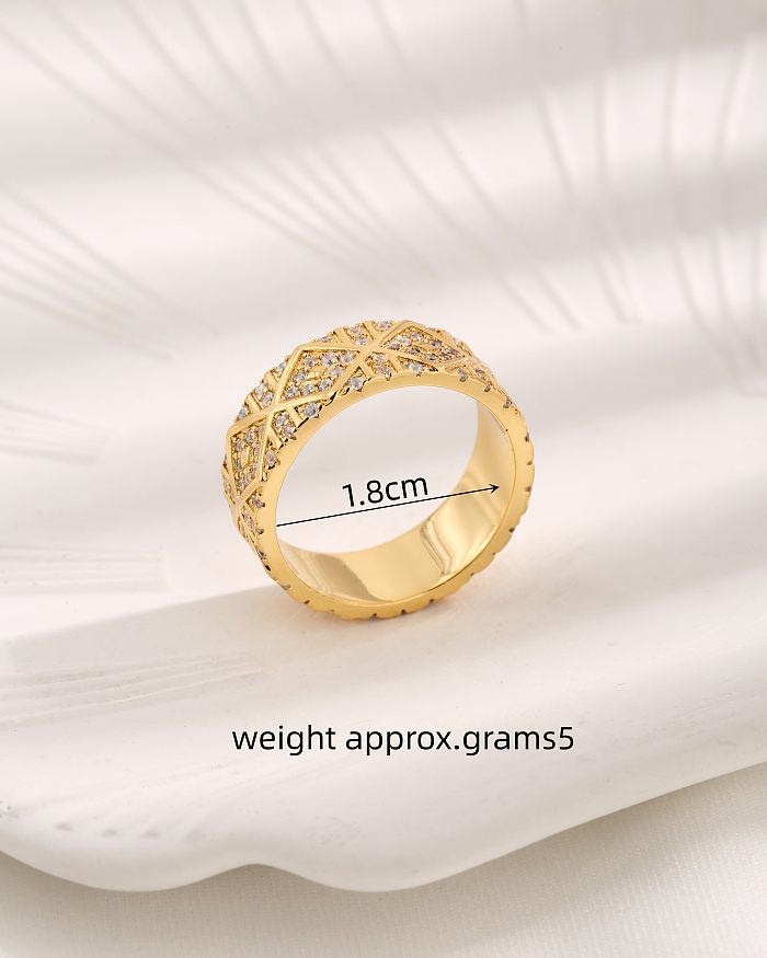 Casual Simple Style Rhombus Copper Plating Inlay Zircon 18K Gold Plated Wide Band Rings