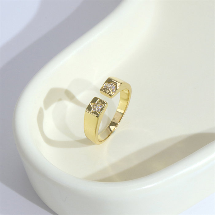 Simple Style Star Moon Copper Inlay Zircon 18K Gold Plated Open Ring
