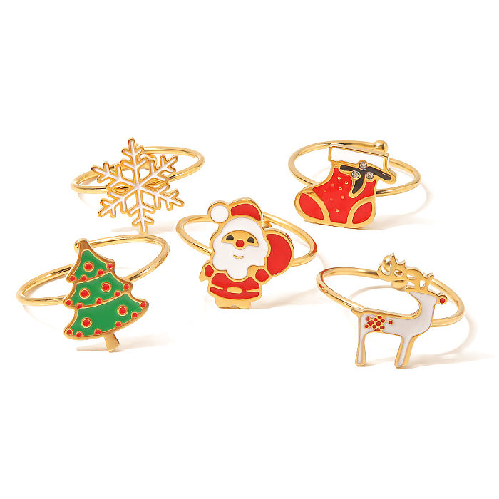 Anillo abierto esmaltado de acero inoxidable con diseño de Papá Noel y árbol de Navidad a la moda, 1 pieza