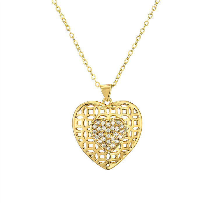 Estilo simples estilo clássico gotas de água forma de coração cobre oco incrustação zircão banhado a ouro pingente colar