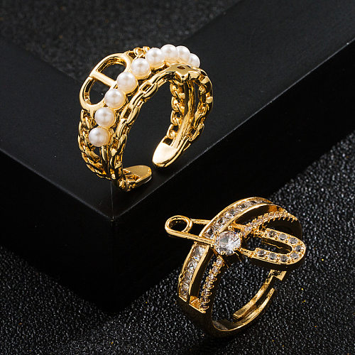 Bague de perles géométriques en cuivre plaqué or, Micro-ensemble de Zircon à la mode