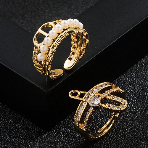 Fashion Copper Gold-plated Micro-set Zircon Geometric Pearl Ring