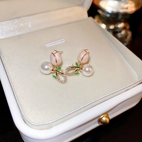 Brincos de orelha de zircão com incrustações de cobre de flor de estilo simples