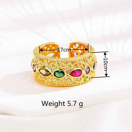 1 Piece Retro Round Water Droplets Copper Inlay Gem Zircon Open Ring