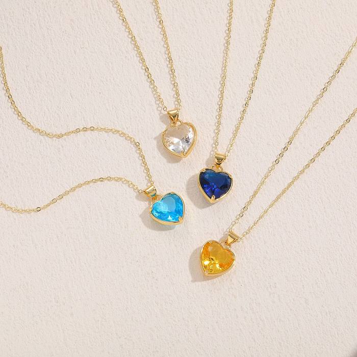 Princess Cute Bridal Heart Shape Brass 14K Gold Plated Glass Zircon Pendant Necklace In Bulk