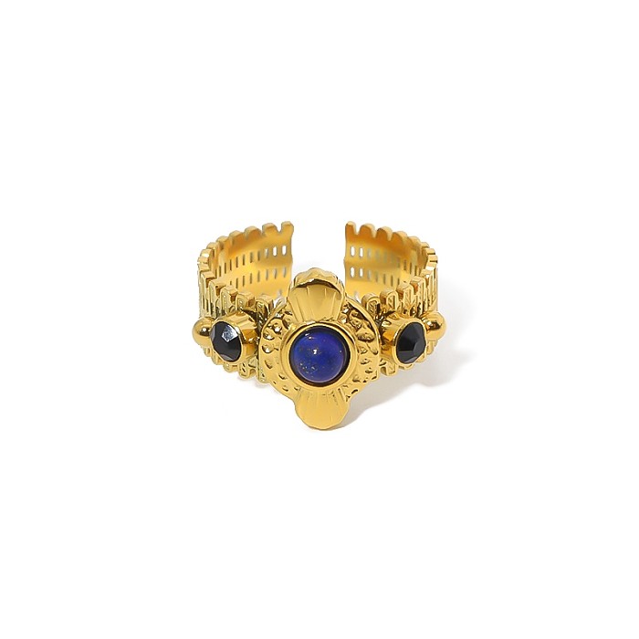 Offener Ring im Vintage-Stil mit geometrischer Titanstahlbeschichtung und Naturstein-Intarsien, 14 Karat vergoldet