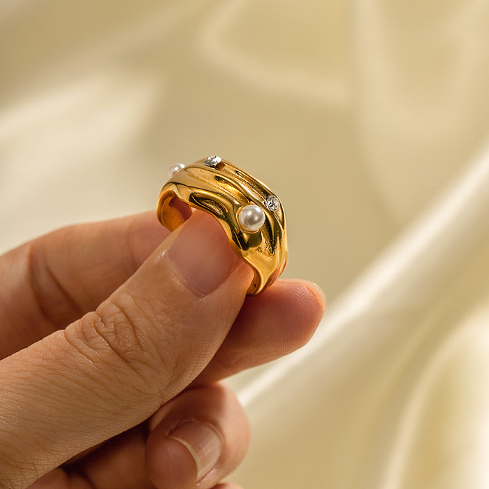 1 peça ins estilo c forma irregular chapeamento de aço inoxidável incrustação de pérolas artificiais anel aberto de diamante artificial