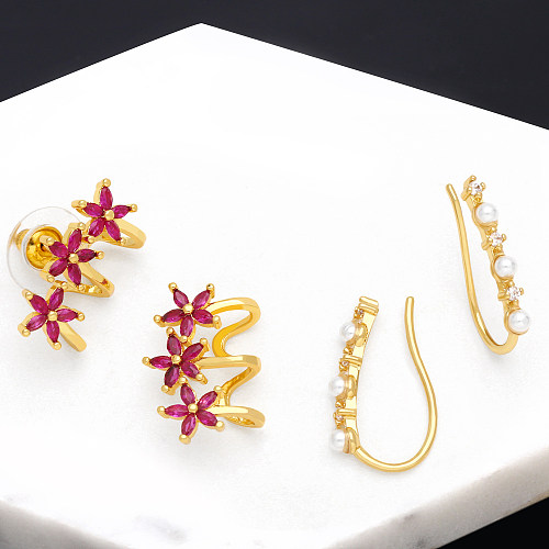 1 paire de perles artificielles en cuivre et incrustation de fleurs douces, Clips d'oreille plaqués or 18 carats en Zircon