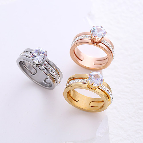 Comute anéis banhados a ouro geométricos do zircão 24K do embutimento do chapeamento de aço inoxidável