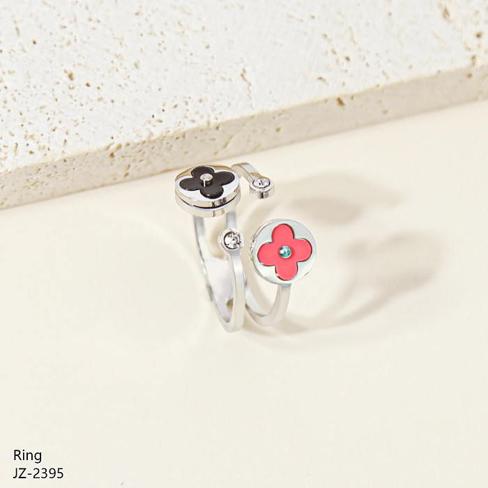 Wholesale Retro Classic Style Four Leaf Clover Stainless Steel Inlay Rhinestones Shell Open Rings