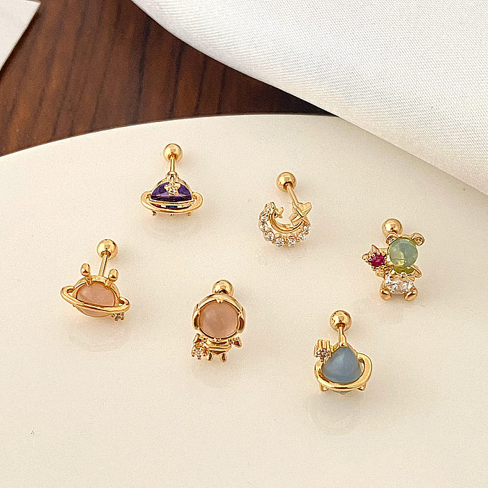 1 Piece Simple Style Round Flower Inlay Copper Zircon Ear Studs