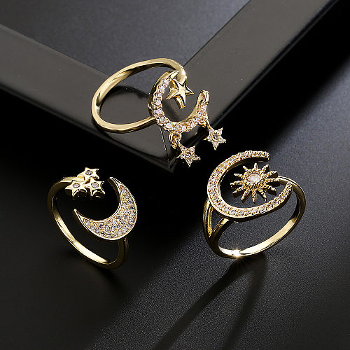 Fashion Geometric Copper 18K Gold Zircon Star Moon Geometric Open Ring