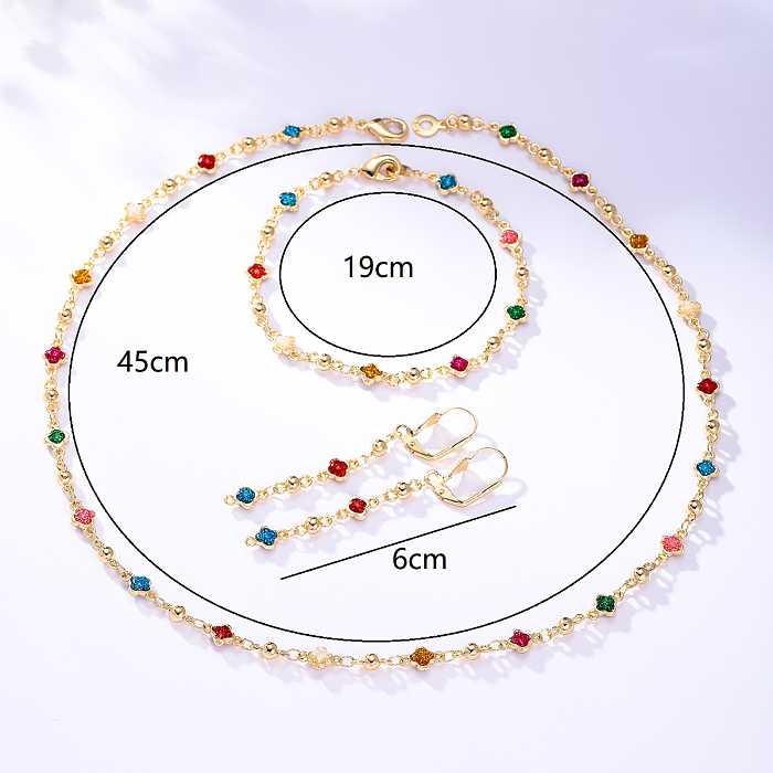 Vacation Modern Style Four Leaf Clover Copper Plating Inlay Artificial Gemstones 18K Gold Plated Jewelry Set
