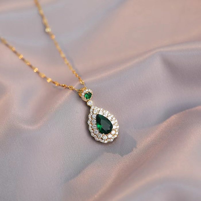 Luxurious Water Droplets Titanium Steel Plating Zircon Women'S Rings Necklace
