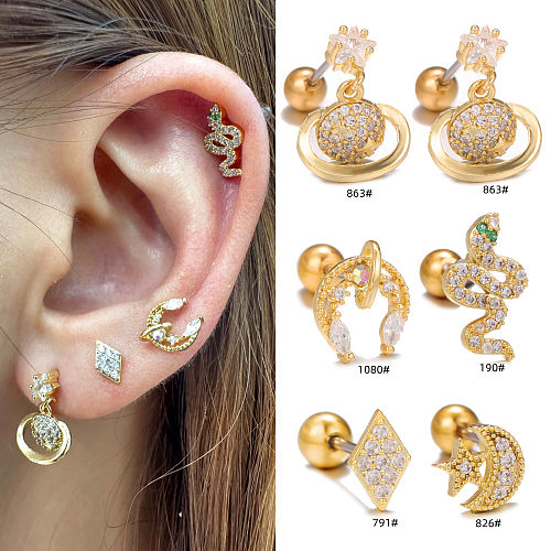 1 Piece IG Style Simple Style Star Moon Snake Plating Inlay Brass Zircon 18K Gold Plated White Gold Plated Sleeper Earrings  Ear Studs