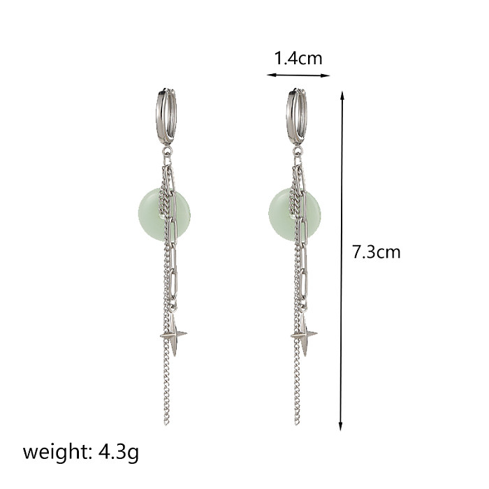 1 Paar einfache Retro-Ohrringe mit rundem Stern, Jade-Beschichtung, Kette, Kupfer, versilbert