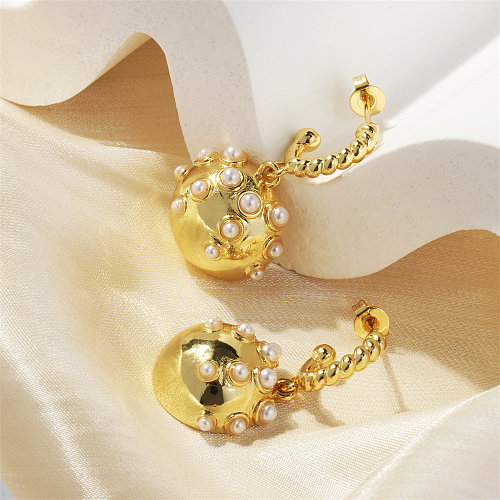 1 paire de boucles d'oreilles pendantes rétro géométriques, incrustation de cuivre, perles artificielles, Zircon plaqué or 18 carats