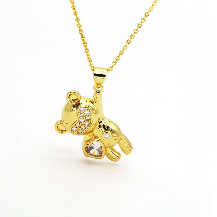 Simple Style Bear Copper Inlay Zircon Pendant Necklace