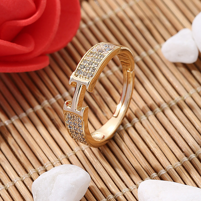 Anéis abertos de zircão com embutimento de cobre geométrico estilo simples feminino