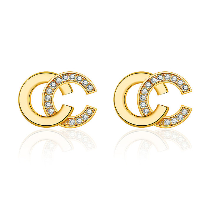 Pendientes tipo botón con diamantes de imitación chapados en oro y cobre con letras de estilo simple, 1 par
