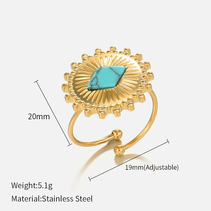 Mode rond losange acier inoxydable placage incrustation Turquoise anneau ouvert 1 pièce