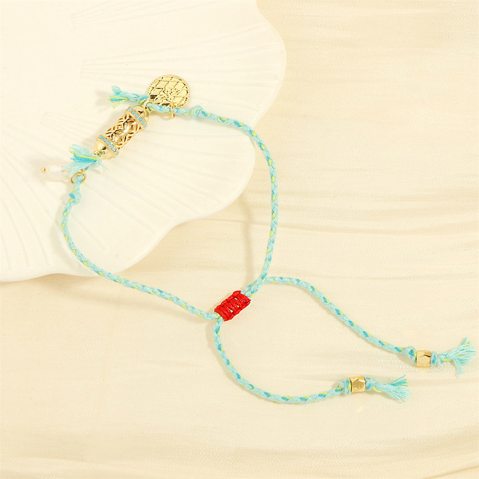 Bohemian Geometric Freshwater Pearl Rope Copper Plating Inlay Zircon 18K Gold Plated Twisted Cable Bracele