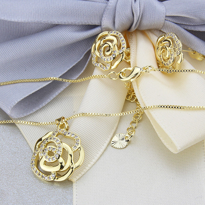 Zircon Rose Earrings Necklace Set