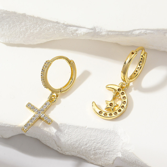 1 Pair Korean Style Cross Moon Plating Inlay Copper Zircon Hoop Earrings