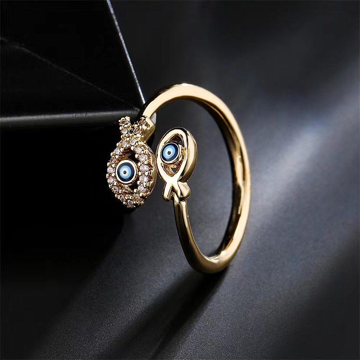 Casual Simple Style Devil'S Eye Fish Copper Enamel Plating Inlay Zircon Open Ring