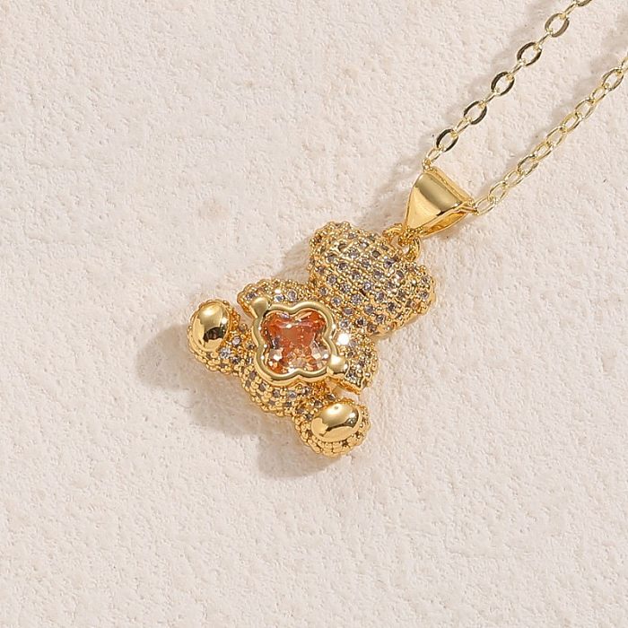 Elegant Cute Bear Copper 14K Gold Plated Zircon Pendant Necklace In Bulk