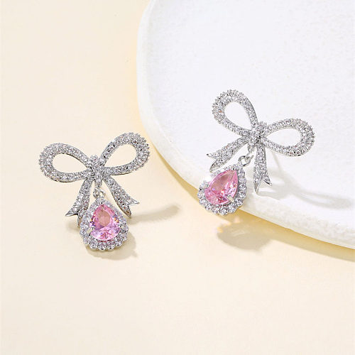 1 Pair Simple Style Water Droplets Bow Knot Plating Inlay Copper Zircon Drop Earrings
