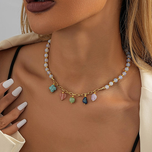 Collier de placage de perles de cuivre en pierre naturelle en forme de coeur de Style Vintage mignon