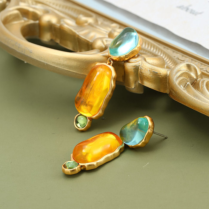 1 paire de boucles d'oreilles pendantes en résine de cuivre avec incrustation de blocs de couleurs douces