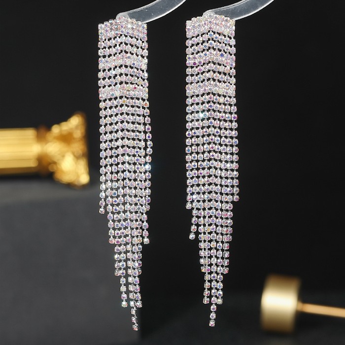 1 Pair Lady Tassel Inlay Copper Rhinestones Drop Earrings