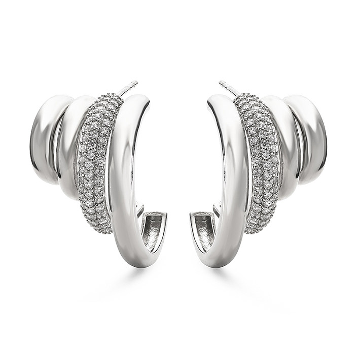 1 paire de clous d'oreilles plaqués or 18 carats, Style IG, lignes luxueuses exagérées en forme de C, incrustation de placage en cuivre et Zircon