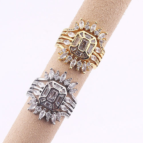 Lujoso anillo abierto geométrico de cobre con incrustaciones de circón anillos de cobre