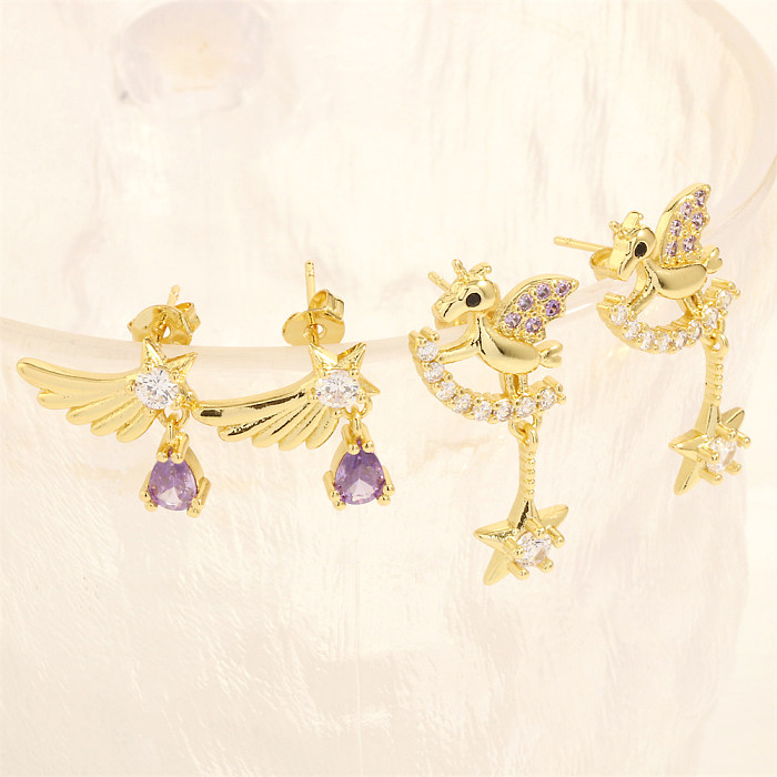 1 Paar elegante, schlichte Streetwear-Ohrringe mit Pentagramm-Einhorn-Flügeln, Überzug, Kupfer-Zirkon, 18 Karat vergoldet